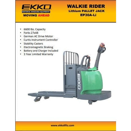 A black and white features sheet for the EKKO EP30A-Li Walkie Rider, with text detailing its 6600 lbs capacity, Curtis Instrument Controller, and Electromagnetic Braking.