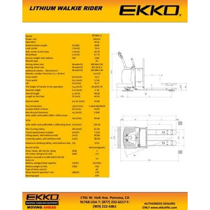 A black and white brochure for the EKKO EP30A-Li Walkie Rider Pallet Jack shows technical diagrams and a table of detailed specifications.
