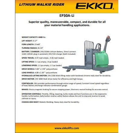 A brochure for the EKKO EP30A-Li Lithium Walkie Rider with text that says "Superior quality, maneuverable, compact, and durable for all your material handling applications."