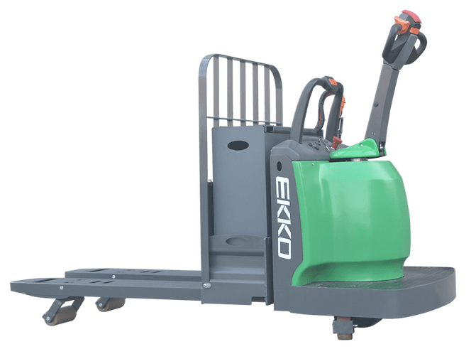 The EKKO EP30A-Li lithium rider pallet jack, a gray and green industrial vehicle, is shown from a side profile view on a transparent background with its forks lowered.