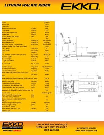 A product sheet for the EKKO EP30A-Li lithium walkie rider, with a technical diagram showing the dimensions and a list of specifications, including a 6600 lbs capacity and 24V lithium battery.