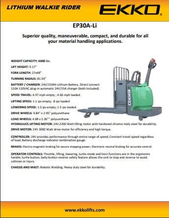 A product sheet for the EKKO EP30A-Li lithium walkie rider shows the pallet jack from a three-quarter view, with a description of its superior quality and durability for material handling applications.
