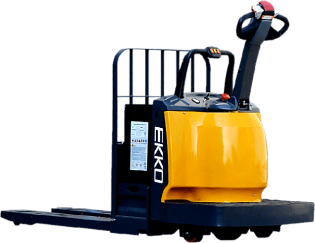 The EKKO EP30A rider pallet jack, a black and yellow industrial vehicle, is shown from a rear three-quarter view with its forks lowered on a transparent background.