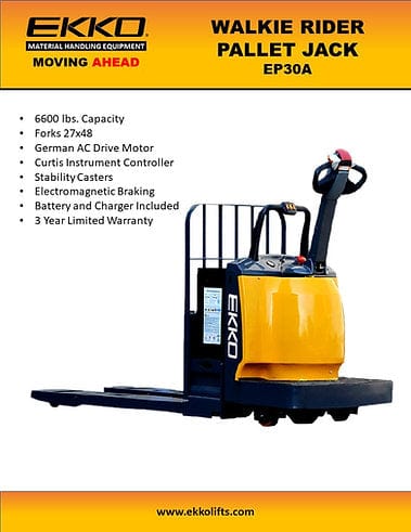 A product sheet for the EKKO EP30A walkie rider pallet jack, showcasing the pallet jack in a three-quarter view with key features listed, including its 6600 lbs capacity and 24V battery.