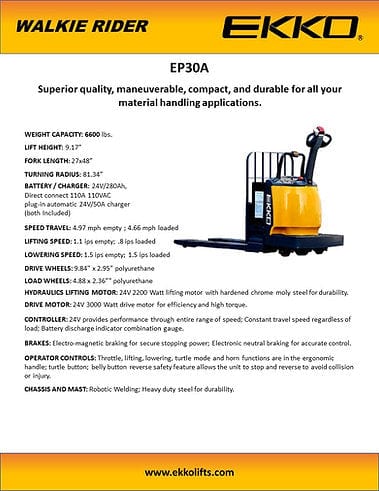 A product sheet for the EKKO EP30A walkie rider, displaying the pallet jack in a three-quarter side view with a list of features like its powerful AC drive motor and durable construction.
