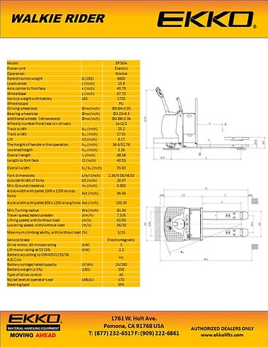 A technical diagram on a product sheet for the EKKO EP30A walkie rider shows detailed measurements and specifications, including fork sizes, overall length, and turning radius.