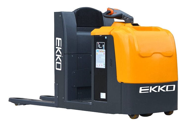The EKKO EPC30A center-controlled rider pallet jack, a yellow and black industrial vehicle, is shown from a three-quarter front view on a white background.