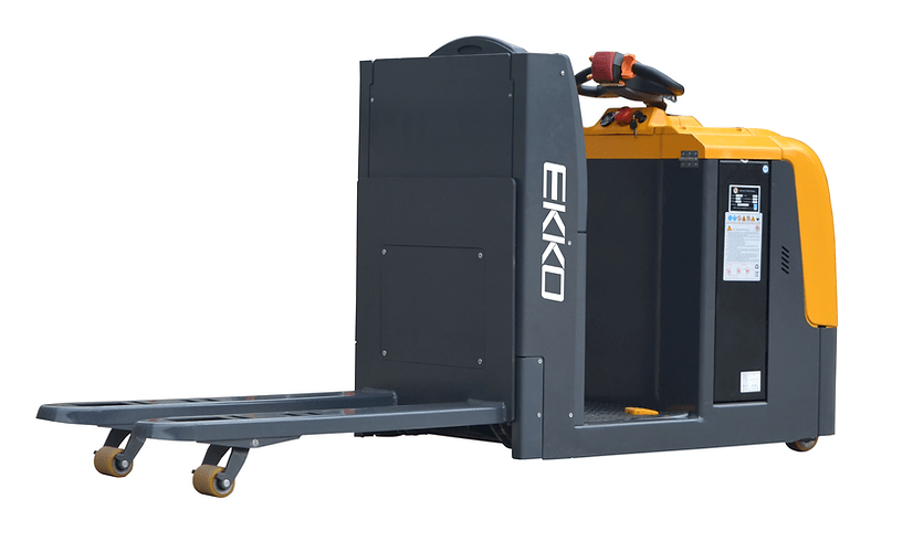The EKKO EPC30A center-controlled rider pallet jack, a black and yellow industrial vehicle, is displayed from a three-quarter back view with its forks extended on a white background.