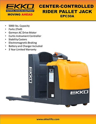 A product sheet for the EKKO EPC30A center-controlled rider pallet jack, showcasing the vehicle in a three-quarter view with a description of its 5,000 lbs capacity and 3-year limited warranty.