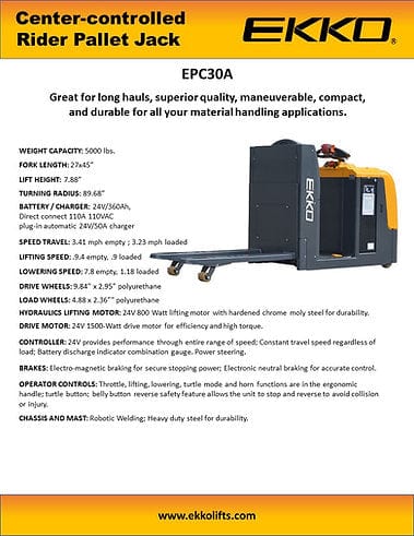 The EKKO EPC30A center-controlled rider pallet jack is shown from a side view on a product sheet, with a description of features and benefits including its 5000 lbs capacity.