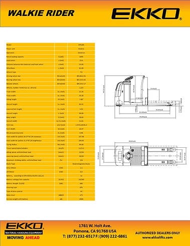 A detailed technical diagram for the EKKO EPC30A walkie rider, showing extensive measurements and specifications for the pallet jack, including fork width, length, and turning radius.