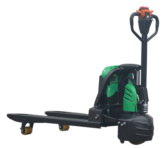 A detailed side profile of the green and gray EKKO EPF15LI Lithium Iron Phosphate walkie pallet jack, with its forks, drive wheel, and ergonomic handle clearly visible against a transparent background.