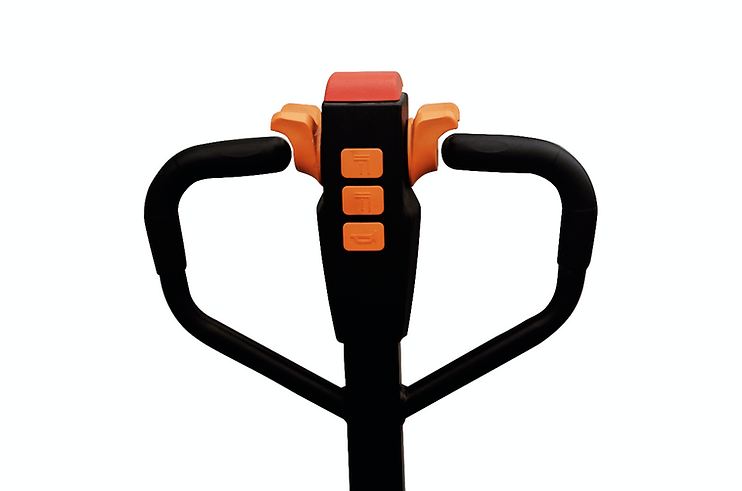 A close-up view of the black and orange ergonomic handle of the EKKO EPF15LI Lithium Iron Phosphate electric pallet jack against a white background.