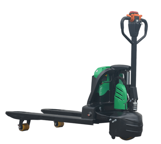A detailed side profile of the green and gray EKKO EPF18LI Lithium Iron Phosphate walkie pallet jack, with its forks, drive wheel, and ergonomic handle clearly visible against a transparent background.
