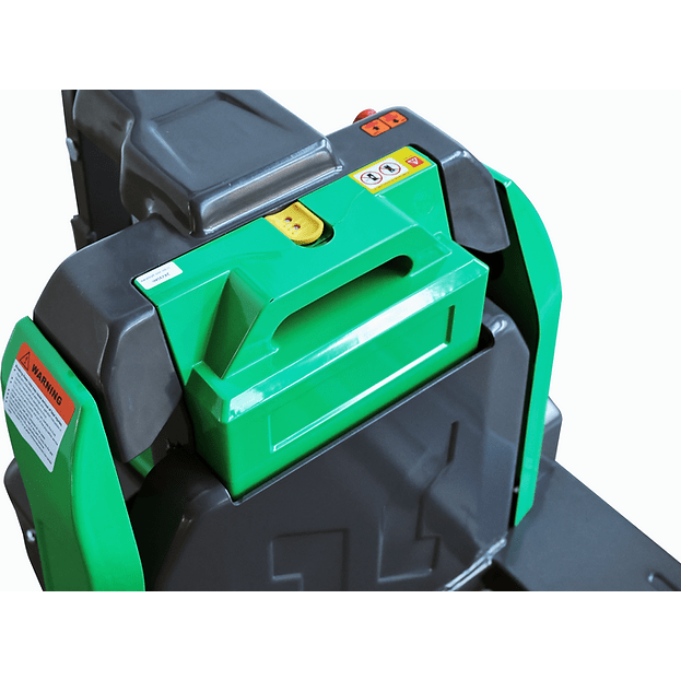 An EKKO EPT18Li Full-Powered Lithium Pallet Jack is shown at an angle on a solid white background, highlighting its ergonomic handle and controls.