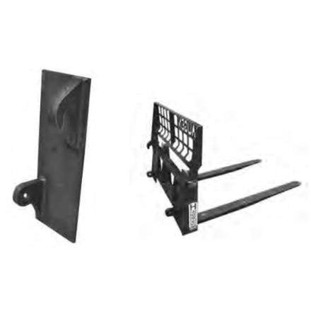 Two black Haugen Skid-Steer Euro Quick Attach Plates, one with a single-piece construction and one with attached fork tines, on a white background.