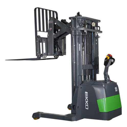 An EKKO ER15-138Li Walkie Reach Truck with side shift and tilt functionality on a transparent background. The forks are elevated and extended.