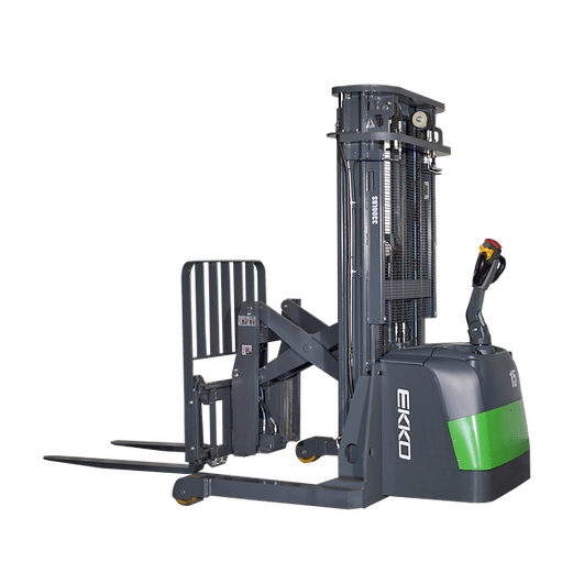 A side view of the EKKO ER15-177Li Walkie Reach Truck, showcasing the lowered mast on a transparent, checkerboard background.