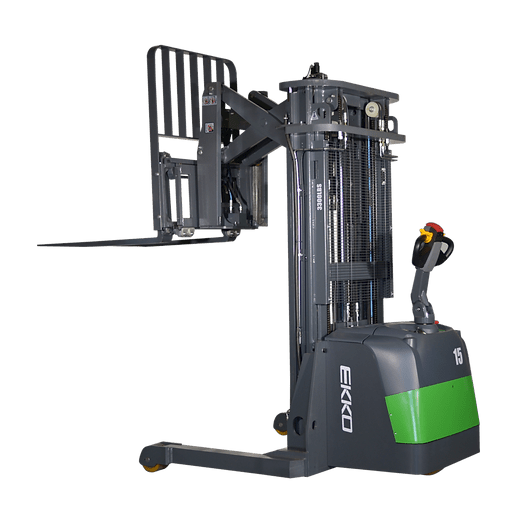 An EKKO ER15-189Li Walkie Reach Truck with side shift and tilt functionality on a transparent background.