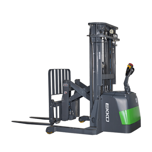 A side view of the EKKO ER15-189Li Walkie Reach Truck showing the mast and forks in a lowered position on a transparent background.
