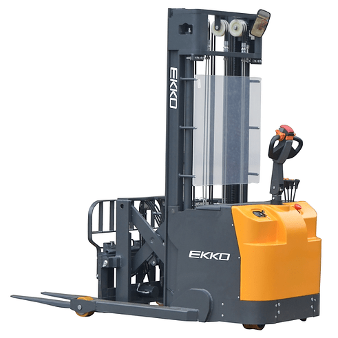 A yellow and black EKKO ER15L Walkie Reach Truck, showcasing its ergonomic handle and a lowered mast, against a white studio background.