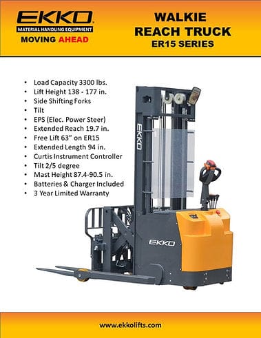A product information sheet for the EKKO ER15L Walkie Reach Truck, detailing its 3300 lbs load capacity, overall dimensions, and a 3-year limited warranty.