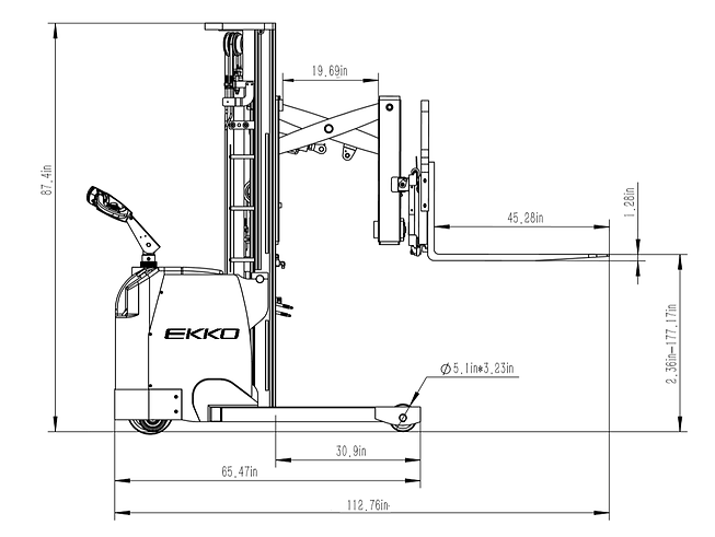 A blueprint of the EKKO ER15L electric forklift, detailing its dimensions and a 3,300 lbs service weight.