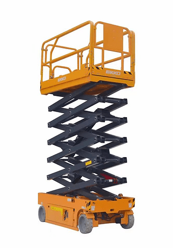 A orange EKKO ES100E Scissor Lift with its scissor mechanism fully extended to a height of 394 inches, showing its platform and safety rails, on a white background.