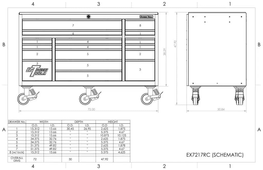 Extreme Tools EXQ Series 72"W x 30"D 17 Drawer Professional Triple Bank Roller Cabinets