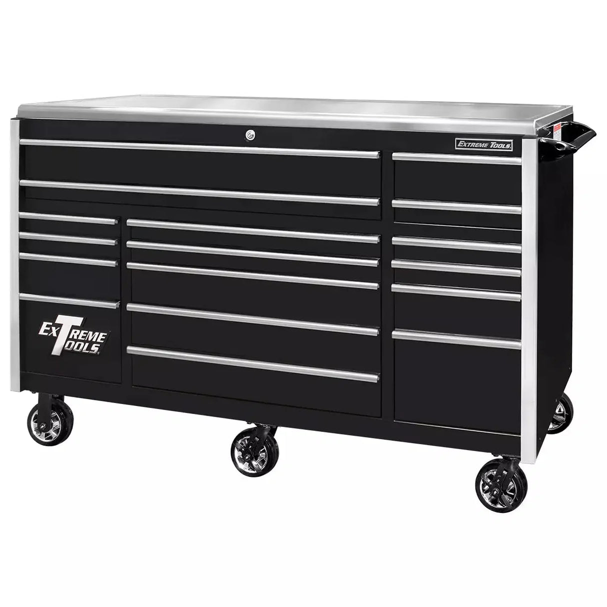 Extreme Tools EXQ Series 72"W x 30"D 17 Drawer Professional Triple Bank Roller Cabinets