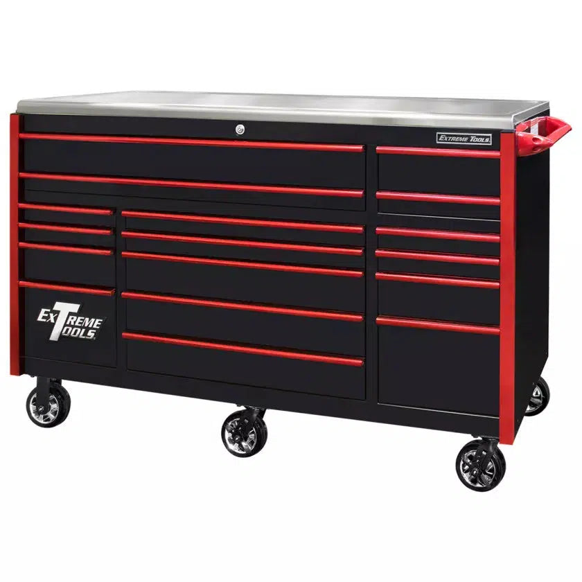 Extreme Tools EXQ Series 72"W x 30"D 17 Drawer Professional Triple Bank Roller Cabinets