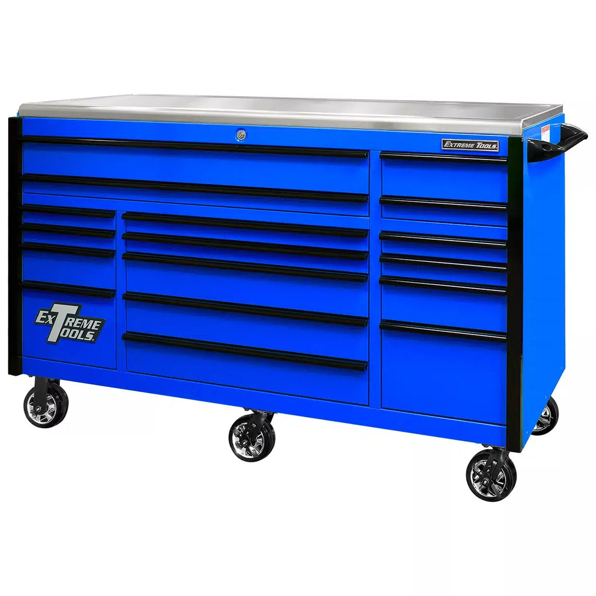 Extreme Tools EXQ Series 72"W x 30"D 17 Drawer Professional Triple Bank Roller Cabinets
