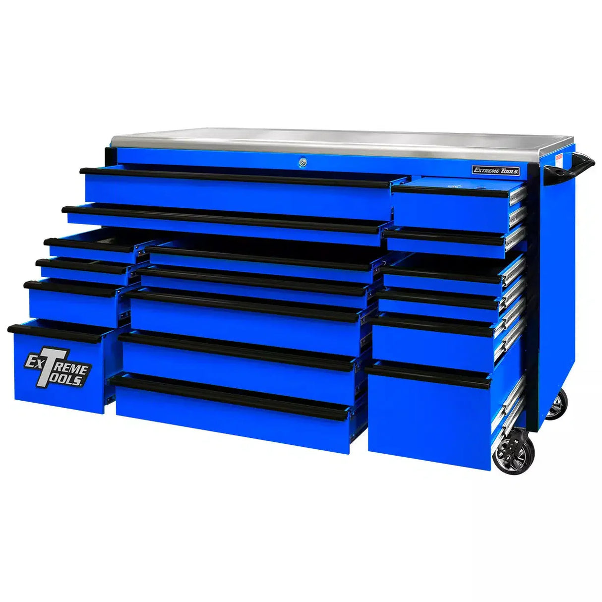 Extreme Tools EXQ Series 72"W x 30"D 17 Drawer Professional Triple Bank Roller Cabinets