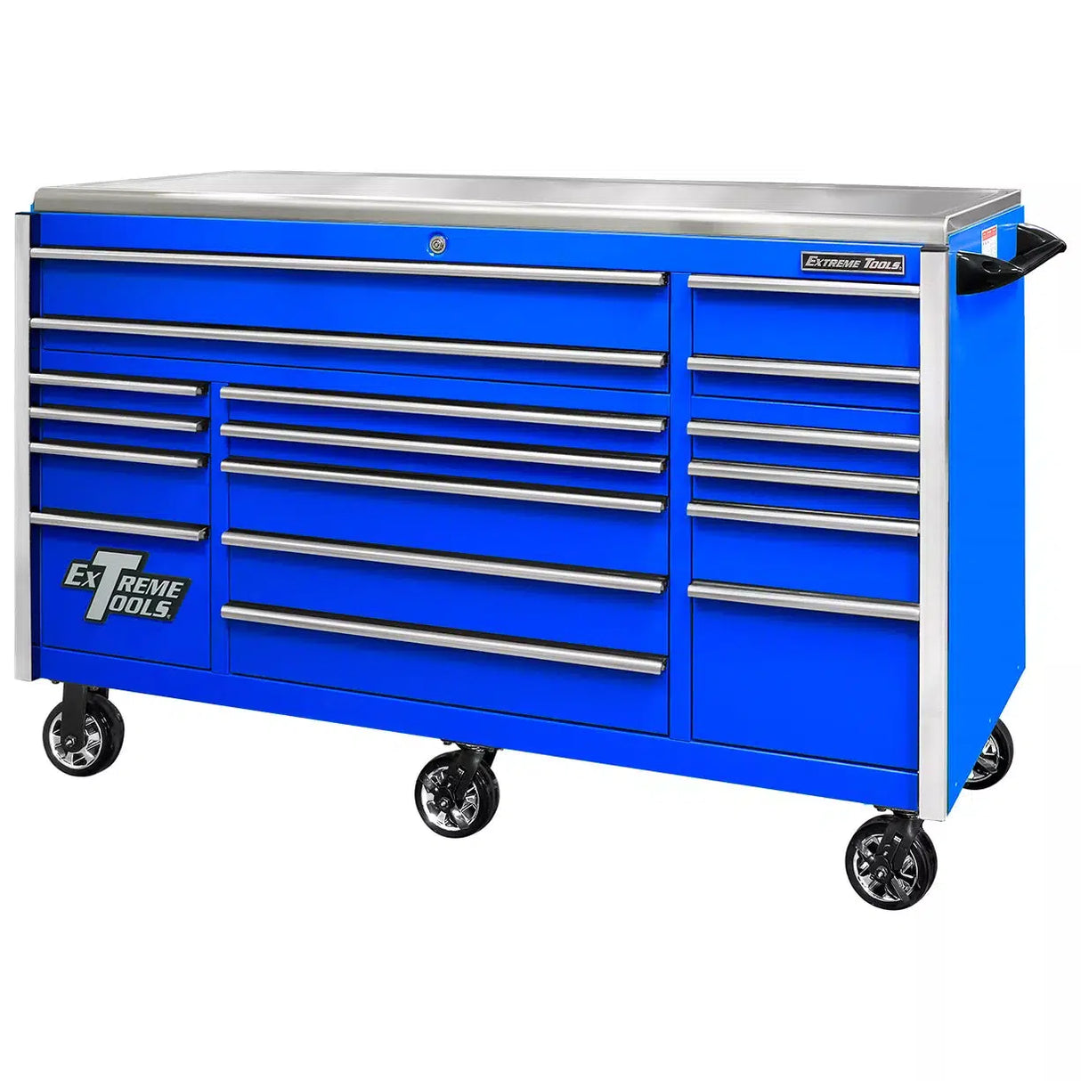 Extreme Tools EXQ Series 72"W x 30"D 17 Drawer Professional Triple Bank Roller Cabinets