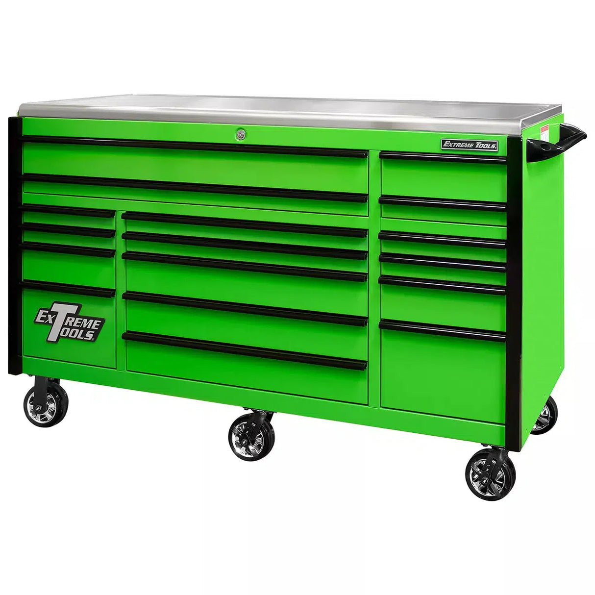 Extreme Tools EXQ Series 72"W x 30"D 17 Drawer Professional Triple Bank Roller Cabinets