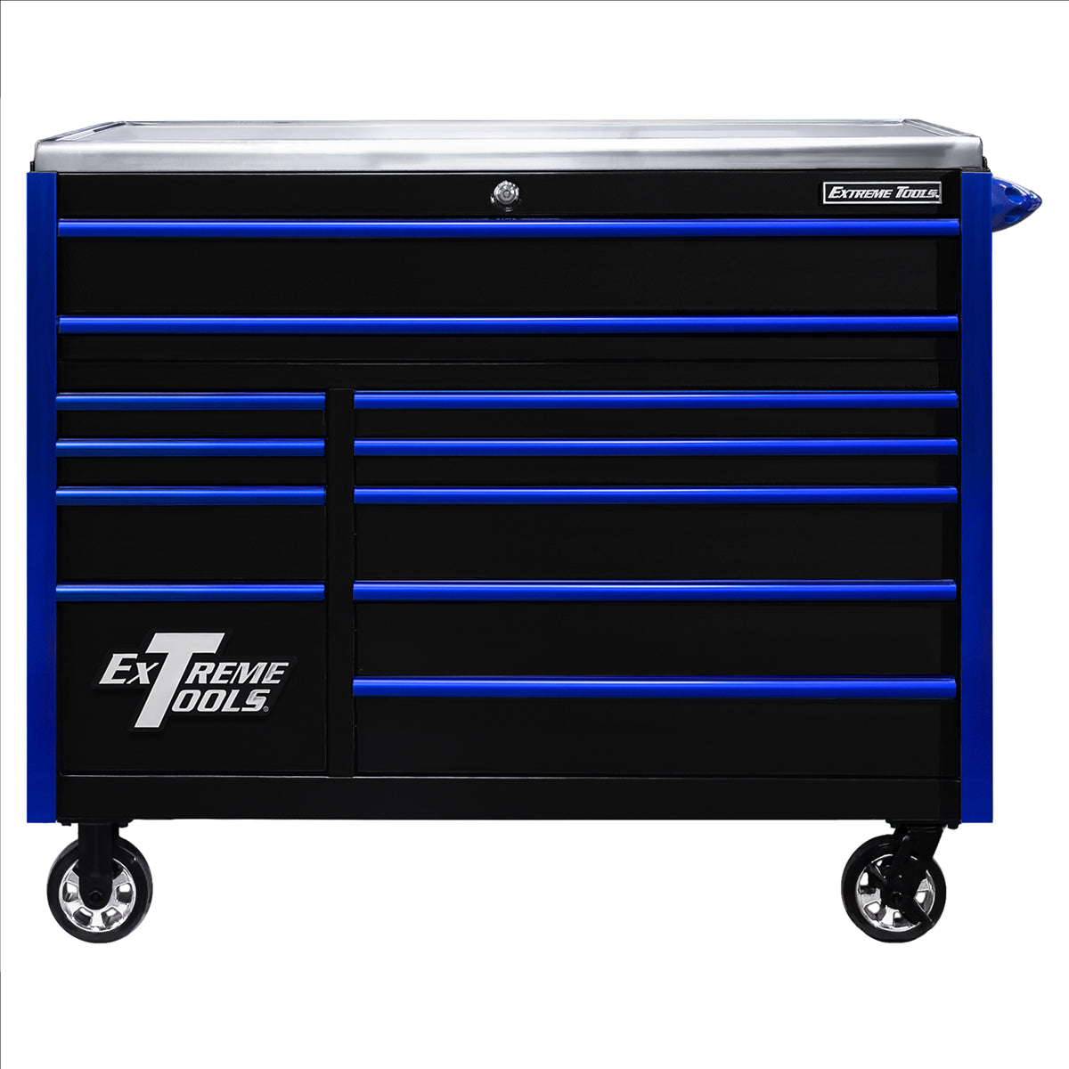 Extreme Tools Exq Series 55"W X 30"D 11 Drawer Professional Roller Cabinet Black With Blue Ex Quick Release Drawer Pulls EXTEX5511RCQBKBL