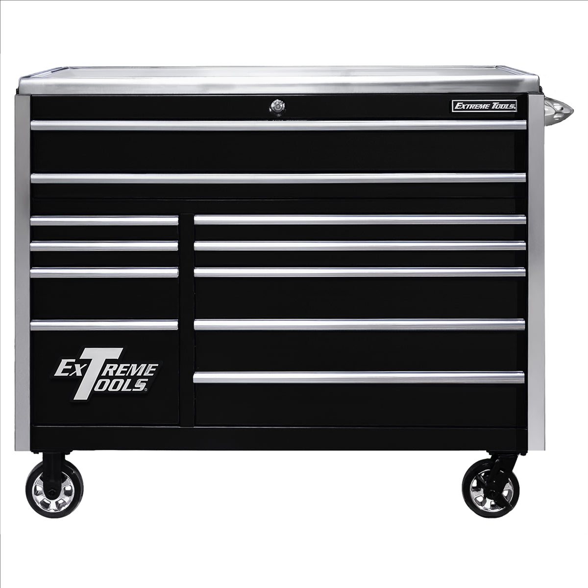 Extreme Tools Exq Series 55Inw X 30Ind 11 Drawer Professional Roller Cabinet 300 Lbs Slides Black With Chrome Ex Quick Release Drawer Pulls And Trim EXTEX5511RCQBKCR