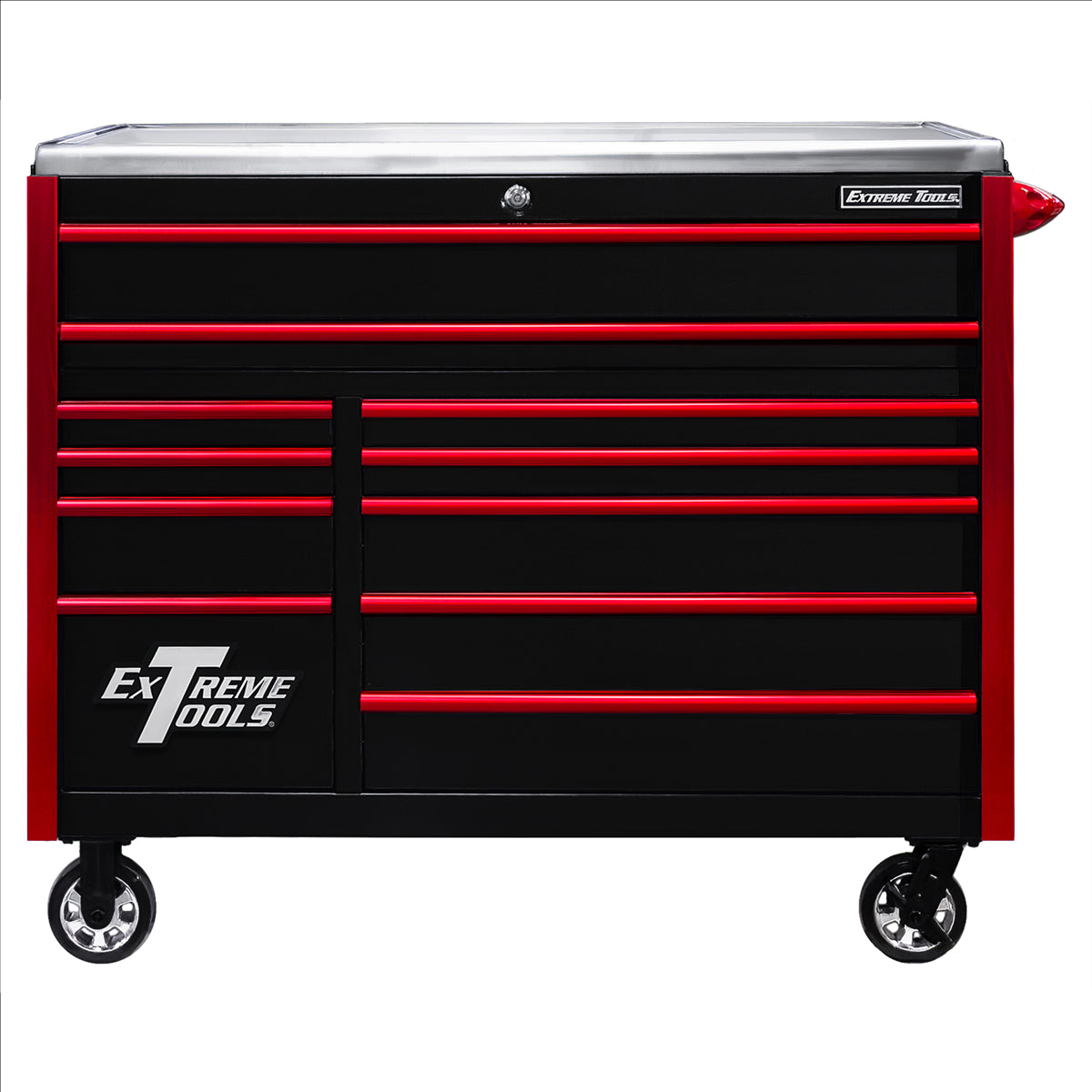 Extreme Tools Exq Series 55Inw X 30Ind 11 Drawer Professional Roller Cabinet 300 Lbs Slides Black With Red Ex Quick Release Drawer Pulls And Trim EXTEX5511RCQBKRD