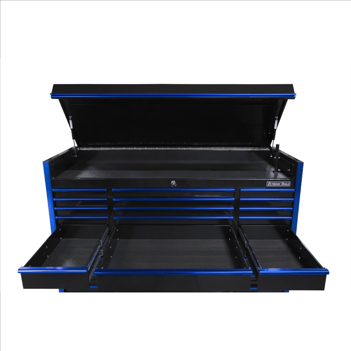 Extreme Tools Exq Series 72In W X 31In D 15-Drawerr Triple Bank Pro Top Chest Black With Blue Qr Drawer Pulls EXTEX7215CHQBKBL