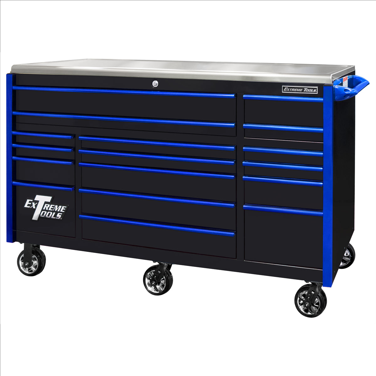 Extreme Tools Exq Series 72"W X 30"D 17-Drawer Pro Triple Bank Roller Cabinet Black W/ Blue Quick Release Drawer Pulls EXTEX7217RCQBKBL
