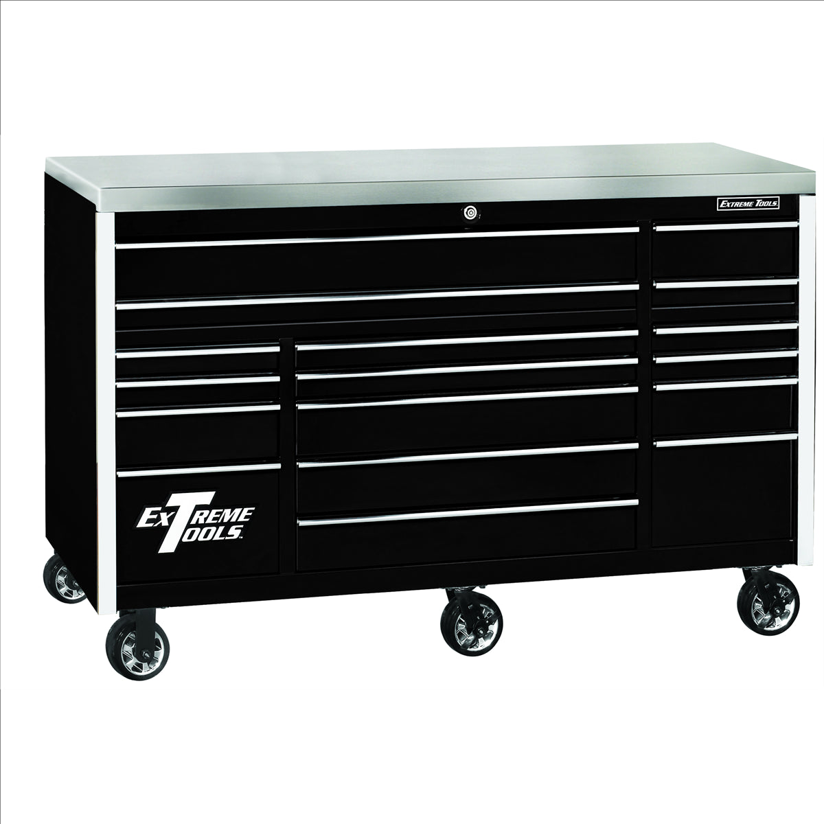 Extreme Tools Exq Series 72"W X 30"D 17-Drawer Pro Triple Bank Roller Cabinet Black W/ Chrome Quick Release Drawer Pulls EXTEX7217RCQBKCR