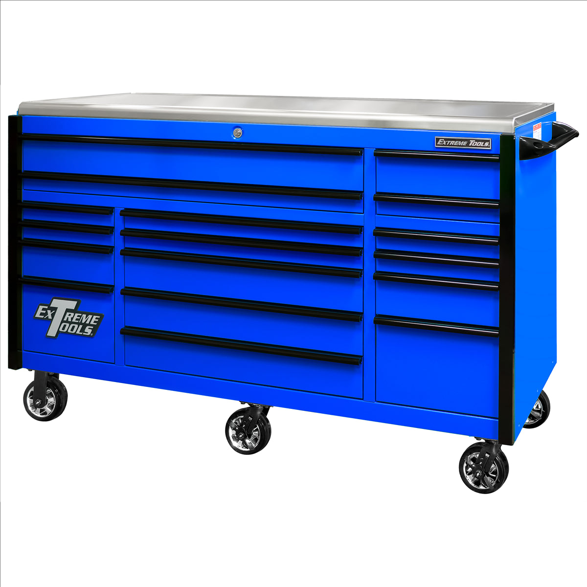 Extreme Tools Exq Series 72"W X 30"D 17-Drawer Pro Triple Bank Roller Cabinet Blue W/ Black Quick Release Drawer Pulls EXTEX7217RCQBLBK