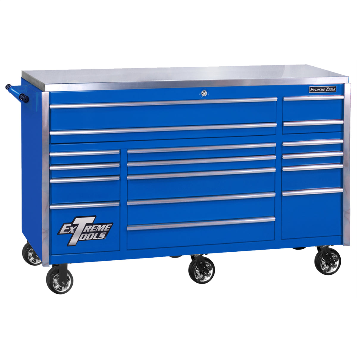 Extreme Tools Exq Series 72"W X 30"D 17-Drawer Pro Triple Bank Roller Cabinet Blue W/ Chrome Quick Release Drawer Pulls EXTEX7217RCQBLCR