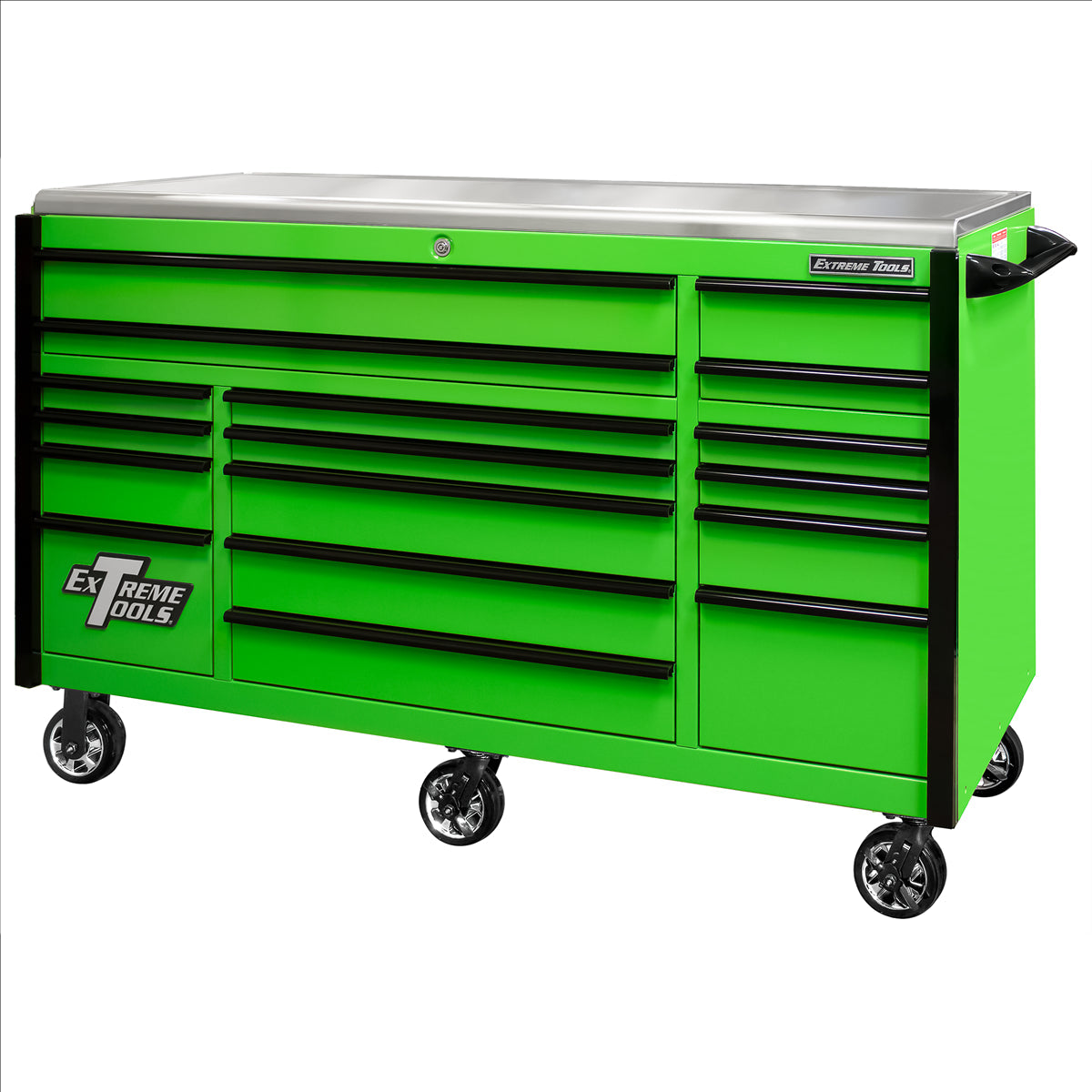 Extreme Tools Exq Series 72"W X 30"D 17-Drawer Pro Triple Bank Roller Cabinet Green W/ Black Quick Release Drawer Pulls EXTEX7217RCQGNBK