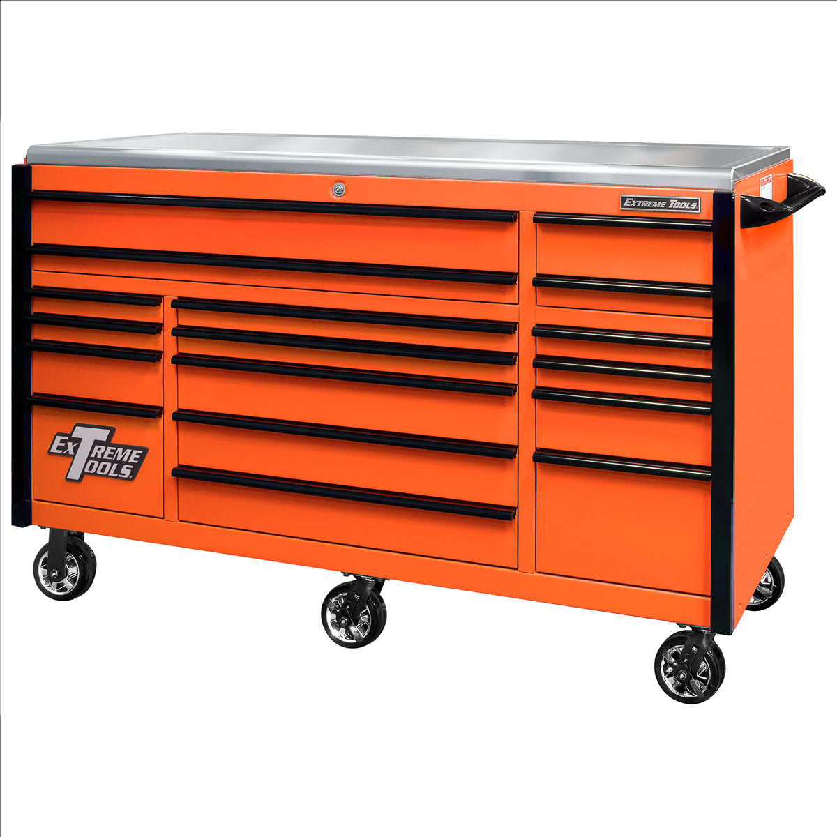 Extreme Tools Exq Professional Series 72"Wx30"D 17 Drawer Triple Bank Roller Cabinet, Orange With Black Quick Release Anodized Aluminum Drw Pulls, 300-600 Lbs. Drw Capacity, Stainless Steel Top EXTEX7217RCQORBK