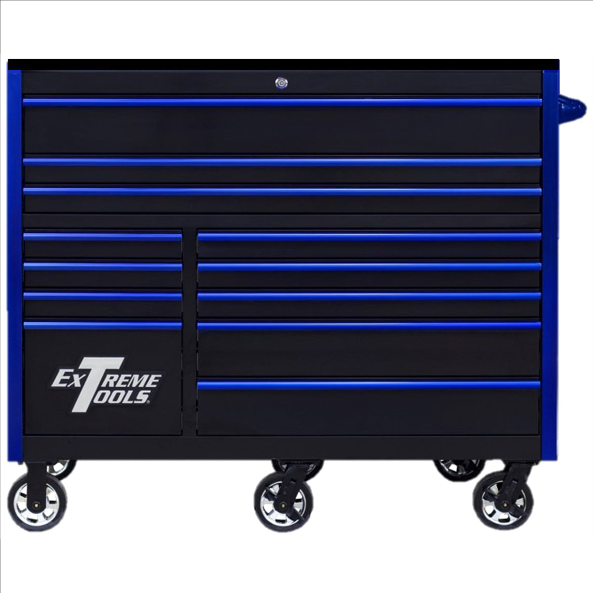 Extreme Tools Rx Series Professional 55"W X 25"D 12 Drawer Roller Cabinet 150 Lbs Slides Black, Blue Drawer Pulls EXTRX552512RCBKBL-X