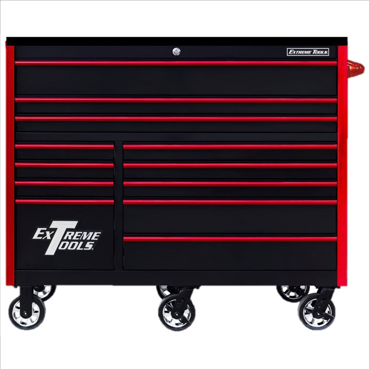 Extreme Tools Rx Series Professional 55"W X 25"D 12 Drawer Roller Cabinet 150 Lbs Slides Black, Red Drawer Pulls EXTRX552512RCBKRD-X