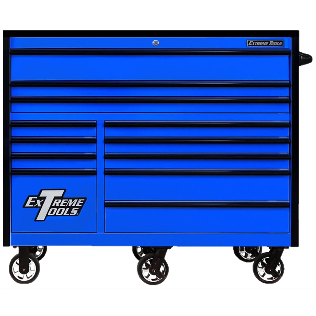 Extreme Tools Rx Series Professional 55"W X 25"D 12 Drawer Roller Cabinet 150 Lbs Slides Blue, Black Drawer Pulls EXTRX552512RCBLBK-X