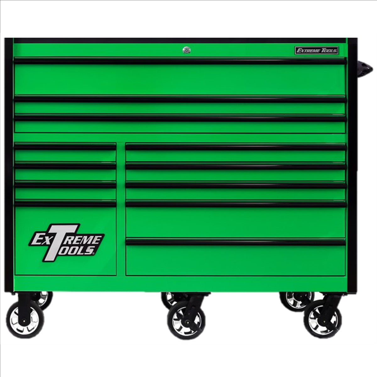 Extreme Tools Rx Series Professional 55"W X 25"D 12 Drawer Roller Cabinet 150 Lbs Slides Green, Black Drawer Pulls EXTRX552512RCGNBK-X