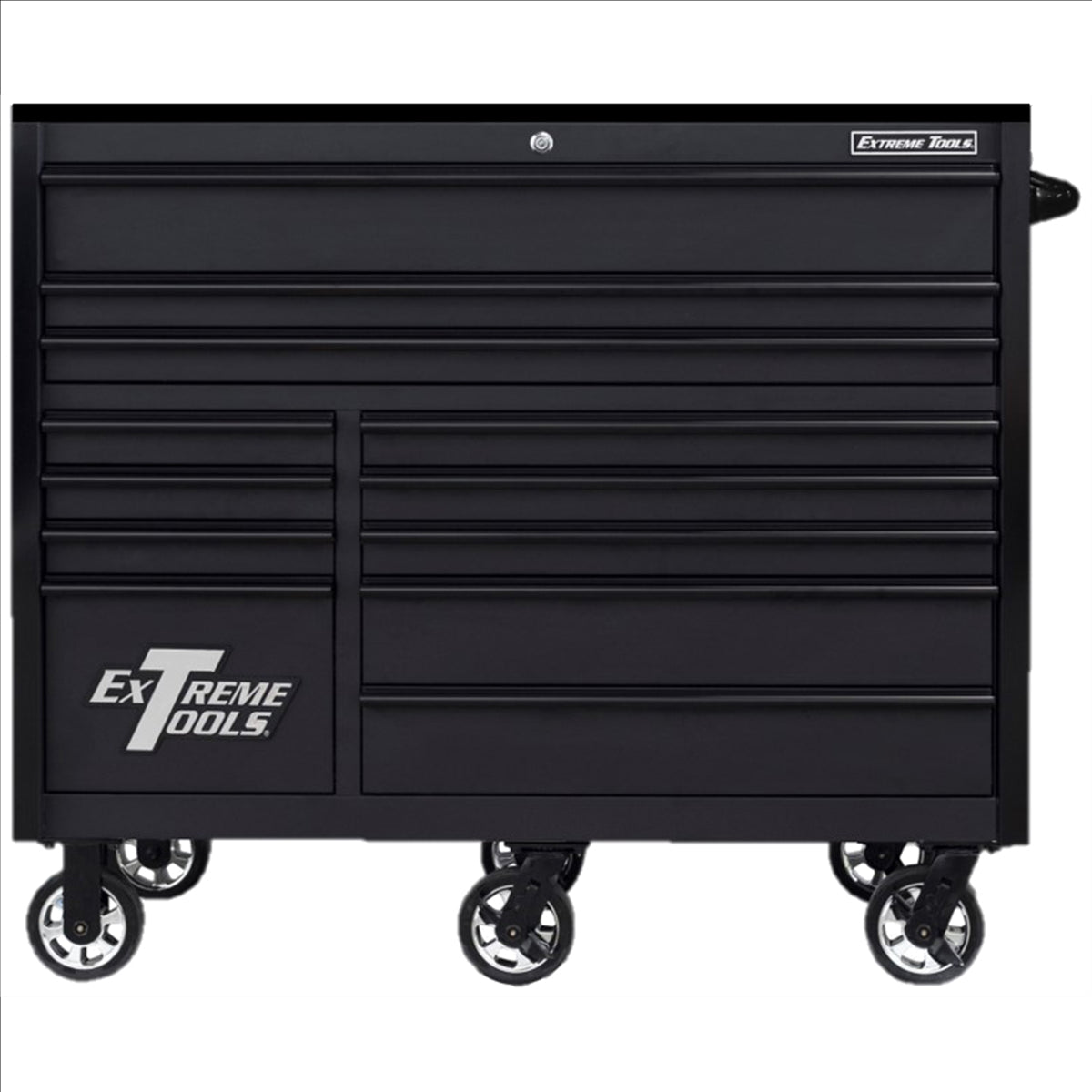 Extreme Tools Rx Series Professional 55"W X 25"D 12 Drawer Roller Cabinet 150 Lbs Slides Matte Black, Black Drawer Pulls EXTRX552512RCMBBK-X